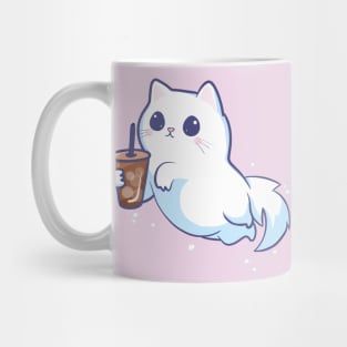 Cute Ghost Cat With Iced Coffee Mug